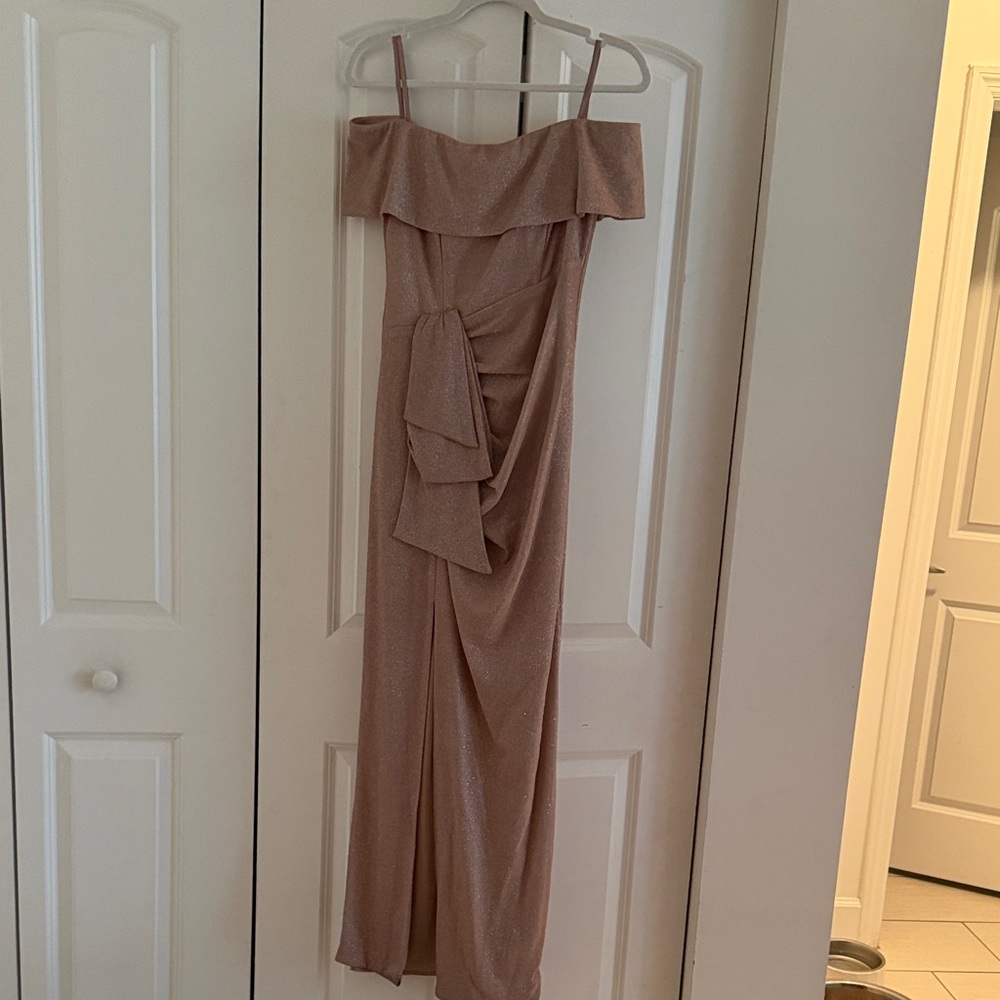 Xscape Strapless Dress in Shimmering Tan